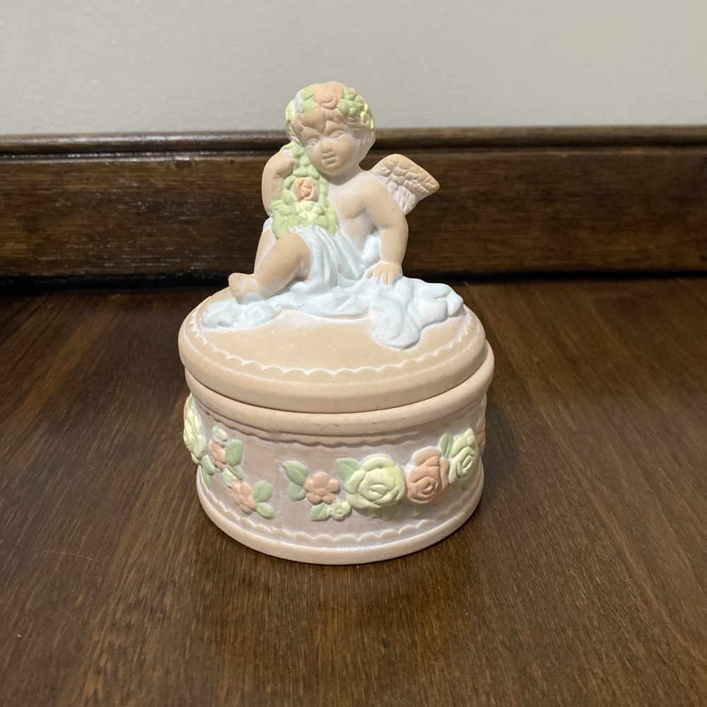 Vintage Round Terra Cotta Trinket Box Cherub and Flowers Taiwan Decorative